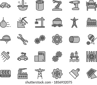 Thin line gray tint vector icon set - big core vector, gears, cogwheel, concrete mixer, drill, helmet, putty knife, spatula, sea port, coal mining, modern gas station, hydroelectricity, power line