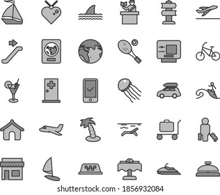 Thin line gray tint vector icon set - earth vector, plane, car baggage, sail boat, taxi, bike, escalator, passenger, passort control, passport, phone registration, departure, atm, boungalow, beach