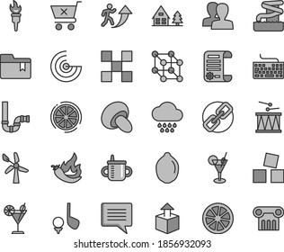 Thin line gray tint vector icon set - image of thought vector, keyboard, spectacles, women, folder bookmark, mug for feeding, cloud, cubes children, drumroll, siphon, tile, crossed cart, unpacking