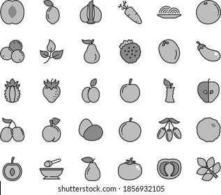 Thin line gray tint vector icon set - deep plate with a spoon vector, eggs, onion, cabbage, tomato, carrot, strawberries, apple, peach, pear, tasty, strawberry, blueberries, cornels, goji berry