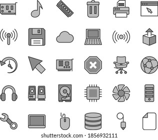 Thin line gray tint vector icon set - mark of injury vector, plummet, unpacking, notebook pc, fan, mouse, tower, cpu, memory, card, hdd, printer, headphones, speaker, network, browser, trash bin