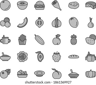 Thin line gray tint vector icon set - mug for feeding vector, measuring cup, cheese, loaf, burger, a bowl of buckwheat porridge, rice, lettuce in plate, milk, grill chicken leg, piece meat, cucumber