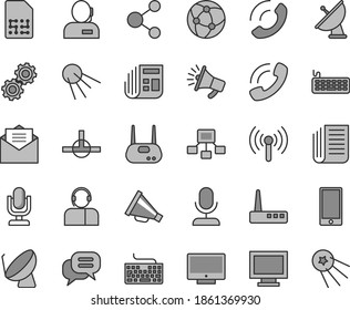 Thin line gray tint vector icon set - desktop microphone vector, monitor window, keyboard, horn, received letter, screen, smartphone, phone call, operator, artificial satellite, dish, SIM, newspaper