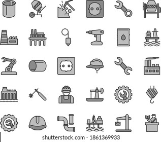 Thin line gray tint vector icon set - hook vector, concrete mixer, drill, power socket type f, construction helmet, plummet, gear, star, sea port, commercial seaport, oil derrick, coal mining, crane