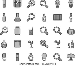 Thin line gray tint vector icon set - magnifier vector, zoom, out, measuring cup for feeding, window frame, bulb, a glass of soda, tea, cocktail, bottle, jam, liquor, round flask, mercury light, jar