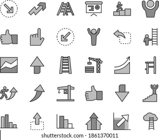 Thin line gray tint vector icon set - upward direction vector, downward, growth up, line chart, positive histogram, a chair for feeding, crane, tower, stepladder, ladder, left bottom arrow, thumb