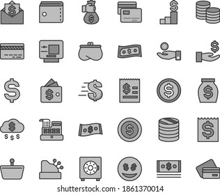 Thin line gray tint vector icon set - bank card vector, purse, dollar, strongbox, cards, coins, shopping basket, column of, denomination the, article on, financial item, get a wage, catch coin, cash