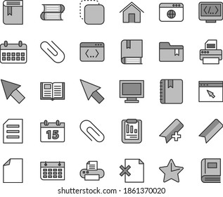 Thin line gray tint vector icon set - monitor window vector, clip, add bookmark, clean sheet of paper, folder, book, e, books, home, calendar, star, notebook, delete page, copy, statistical report