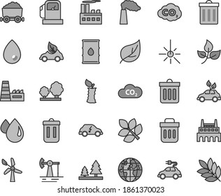 Thin line gray tint vector icon set - bin vector, dust, drop, apple stub, working oil derrick, leaves, leaf, gas station, wind energy, manufacture, trees, forest, industrial building, factory, CO2