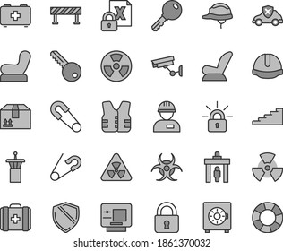 Thin line gray tint vector icon set - Baby chair vector, car child seat, safety pin, open, bag of a paramedic, medical, workman, key, construction helmet, road fence, lock, strongbox, cardboard box