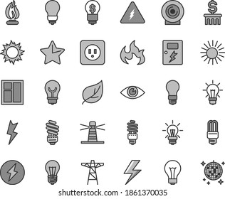 Thin Line Gray Tint Vector Icon Set - Lightning Vector, Matte Light Bulb, Window, Saving, Power Socket Type B, Dangers, Star, Eye, Lens, Leaf, Pole, Energy, Mercury, Lighthouse, Electricity, Flame