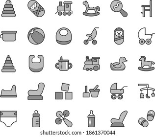 Thin line gray tint vector icon set - toys over the cradle vector, mug for feeding, bottle, measuring, diaper, bib, baby, beanbag, rattle, chair, car child seat, stroller, carriage, summer, toy, a