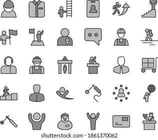 Thin line gray tint vector icon set - cargo trolley vector, builder, employee, pass card, operator, folded shirt, racer, welding, gas, woman, think, scientist, man arrow up, carrer stairway, winner