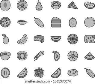 Thin line gray tint vector icon set - stationery knife vector, piece of cheese, pizza, slices onion, cake, bacon, meat, cucumber, orange slice, water melon, half mango, delicious plum, peach, kiwi