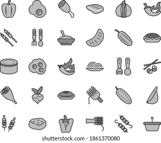 Thin line gray tint vector icon set - plastic fork spoons vector, iron, canned goods, fried vegetables on sticks, onion, spaghetti, noodles, pie, apple, a bowl of buckwheat porridge, chicken thigh