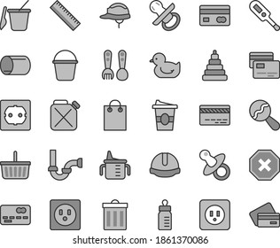 Graue dünne Linie, Vektorsymbol-Set - bin Vektorsymbol, Verletzungsmarke, Maßstab, Lebensmittelkorb, Bankkarte, Prüfpuppe, Brustspitze, Messbecher für die Fütterung, Flasche, Beutelbeutel, elektronisches Thermometer e, Eimer, f