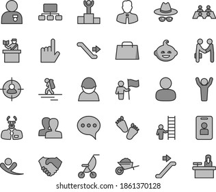 Thin line gray tint vector icon set - women vector, hat with glasses, summer stroller, funny hairdo, children's tracks, garden trolley, employee, index finger, speech, racer, man, in sight, scheme