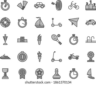 Thin line gray tint vector icon set - stopwatch vector, motor vehicle, Kick scooter, child, timer, pedestal, retro car, flame torch, cup, gold, pawn, pennant, purpose, first place medal, with, star