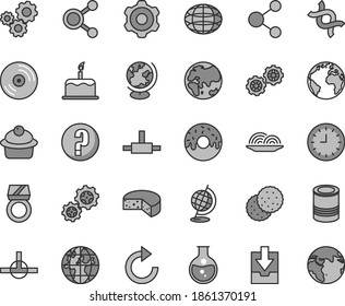 Thin line gray tint vector icon set - sign of the planet vector, clockwise, download archive data, question, gears, cogwheel, CD, cake, cheese, tin, onion, muffin, glazed with a hole, biscuit, globe