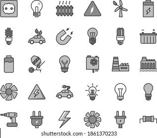 Thin line gray tint vector icon set - lightning vector, danger of electricity, matte light bulb, incandescent lamp, concrete mixer, cordless drill, power socket type f, charge level, wind energy