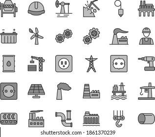 Thin line gray tint vector icon set - tower crane vector, builder, winch hook, gears, concrete mixer, cordless drill, power socket type b, f, construction helmet, plummet, sea port, solar panel