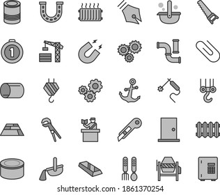 Thin line gray tint vector icon set - iron fork spoons vector, tower crane, hook, winch, concrete mixer, adjustable wrench, hand saw, ntrance door, stationery knife, paving slab, new radiator, clip