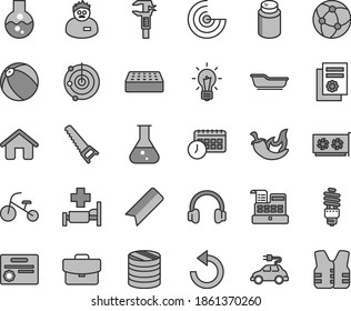 Juego de iconos vectoriales de tono gris de línea delgada - marcador vectorial, en sentido contrario a las agujas del reloj, polvo, bola de baño de bebé, triciclo, casa, sierra de mano, ladrillo, maleta, chile, bombilla de ahorro de energía, auto eléctrico, pinza, agenda
