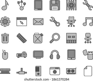 Juego de iconos vectoriales de tono gris de línea delgada - vector de amplificador, bote, tablet pc, ventilador, radiador, ratón, torre, memoria, tarjeta de gpu, monitor, usb, flash, auriculares, navegador, conexión, papelera, disquete, nota