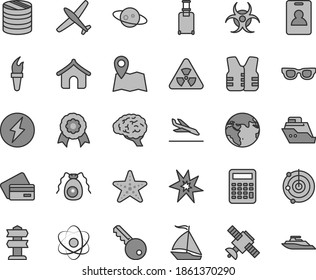 Thin line gray tint vector icon set - column of coins vector, atom, glasses, nuclear, brain, satellite, bactery, biohazard, calculator, radar, medal, saturn, flame torch, bang, electricity, earth
