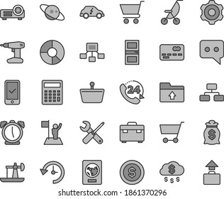 Thin line gray tint vector icon set - calculator vector, upload folder, summer stroller, cogwheel, small tools, drill, suitcase, interroom door, alarm clock, flowchart, cart, 24, oil derrick, think