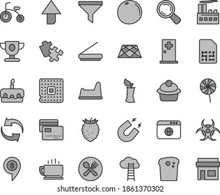 Thin line gray tint vector icon set - upward direction vector, renewal, potty chair, child bicycle, Puzzle, pavement, cards, coffee, Easter cake, muffin, torte, lollipop, tasty raspberry, grapefruit