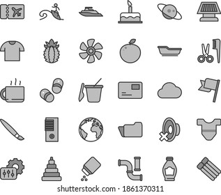 Thin line gray tint vector icon set - tassel vector, sign of the planet, silent mode, baby powder, Child T shirt, bath, accessories for a hairstyle, stacking toy, children's sand set, cake, shoes