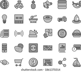 Thin line gray tint vector icon set - question vector, Knitted Socks, motor vehicle present, deep plate with a spoon, Puzzles, brickwork, burger, chili, pineapple, kiwi, potato, light bulb, cart
