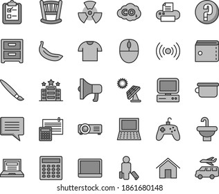 Thin line gray tint vector icon set - tassel vector, image of thought, laptop, purse, question, cradle, children's potty, washbasin, calculation, home, nightstand, survey, T shirt, megaphone, banana