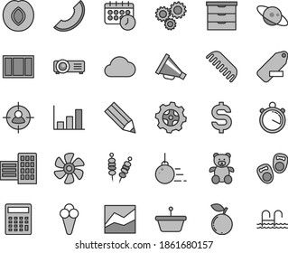Thin line gray tint vector icon set - horn vector, remove label, calculator, line chart, storage unit, comb, teddy bear, shoes for little children, big core, window frame, city block, cone, plum