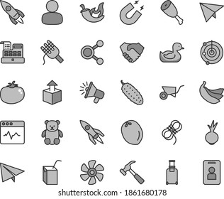 Thin line gray tint vector icon set - paper airplane vector, rubber duck, packing of juice with a straw, small teddy bear, building trolley, hawser, hammer claw, cardiogram, unpacking, spaghetti