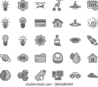 Thin Line Gray Tint Vector Icon Set - Bank Card Vector, Folder, Add Label, Baby Bib, Sitting Stroller, Motor Vehicle, Wooden Paint Brush, Home, Plate, Honeycombs, Bulb, Light, Gear, Drop, Computer