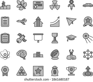 Thin line gray tint vector icon set - atom vector, nuclear, brain, satellite, scientist, clipboard, medal, robot, antenna, biology, presentation board, 3d cube, pedestal, prize, gold cup, arrows