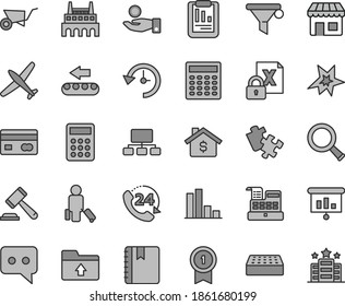 Thin line gray tint vector icon set - hammer of a judge vector, upload folder, Puzzle, building trolley, brick, notebook, 24, industrial factory, production conveyor, kiosk, water filter, bar chart