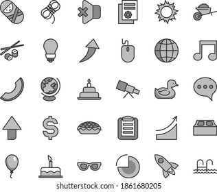 Thin line gray tint vector icon set - upward direction vector, pie chart, duck, tumbler, balloon, cake, birthday, garden trolley, bulb, building block, hawser, speech, earth, no sound, apple