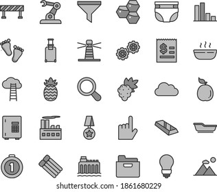 Thin line gray tint vector icon set - nappy vector, bath, footprints, gears, bulb, road fence, index finger, folder, hot porridge, honeycombs, grape, guava, pineapple, hydroelectricity, lighthouse