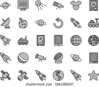 Thin line gray tint vector icon set - monitor vector, counterclockwise, t short, bath ball, earth, artificial satellite, planet, rocket, space, tablet pc, hdd, telescope, antenna, saturn, starfish