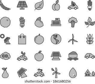Thin line gray tint vector icon set - saving light bulb vector, drop, cabbage, apple, pear, mint, tangerine, yellow lemon, delicious, peas, broccoli, solar panel, big, leaves, leaf, windmill, bag