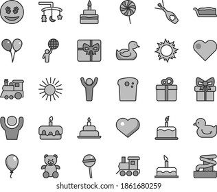 Thin line gray tint vector icon set - heart symbol vector, toys over the cradle, rubber duck, baby duckling, teddy bear, toy train, children's, colored air balloons, balloon, cake, birthday, gift