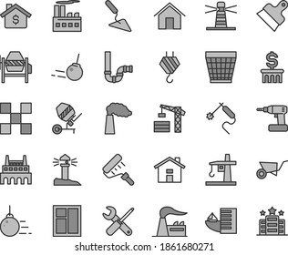 Thin line gray tint vector icon set - house vector, wicker pot, tower crane, hook, big core, building trolley, trowel, concrete mixer, window, small tools, cordless drill, paint roller, siphon, tile