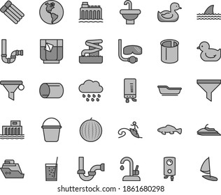 Thin line gray tint vector icon set - rubber duck vector, baby duckling, bath, rainy cloud, bucket, washbasin, siphon, sewerage, kitchen faucet, boiler, electronic, small fish, a glass of soda, tea