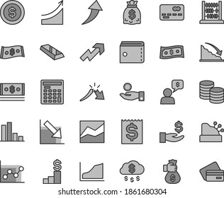Thin line gray tint vector icon set - purse vector, growth up, line chart, graph, negative, abacus, coins, front of the bank card, bar, recession, a crisis, financial item, get wage, catch coin