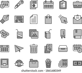Thin line gray tint vector icon set - bin vector, paper airplane, scribbled, archive, e, packing of juice with a straw, stationery knife, electronic boiler, received letter, picture, folder, drawer