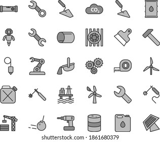 Thin line gray tint vector icon set - repair key vector, tower crane, trowel, building, cordless drill, measuring tape, construction level, plummet, putty knife, hammer, core, sea port, windmill, of