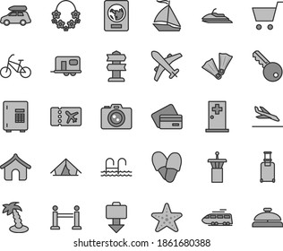 Thin line gray tint vector icon set - train vector, car baggage, camper, sail boat, bike, airport tower, rope barrier, rolling suitcase, passport, plane ticket, getting, arrival, credit card, tent